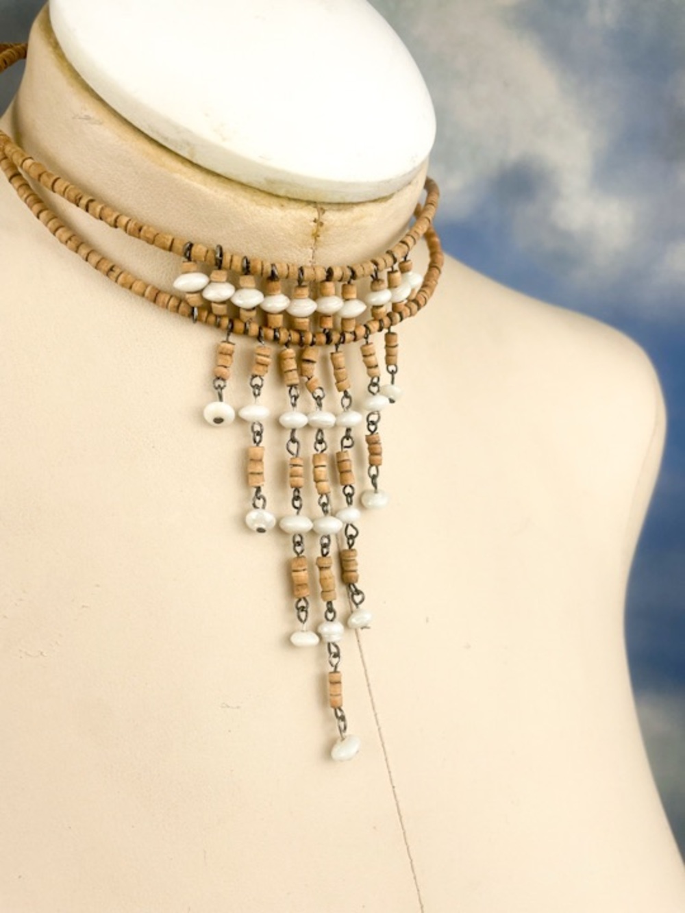 Vintage artisan shell + wood waterfall fringe boho choker necklace